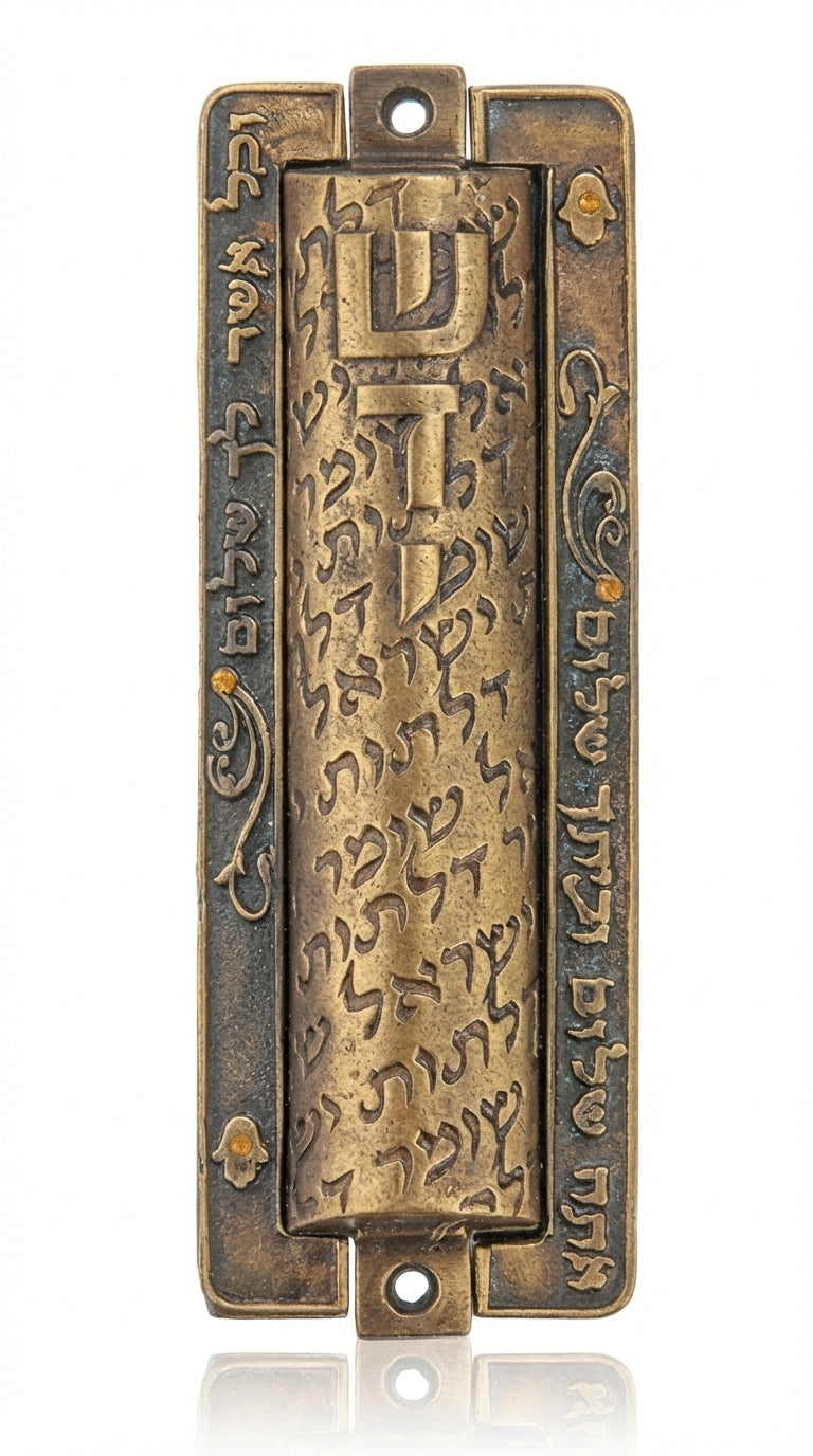 Large brass Mezuzah with Hebrew inscription 'Guardian of the doors of Israel', precise details, engraved text, and textured surface, on a white studio background with light reflection.
