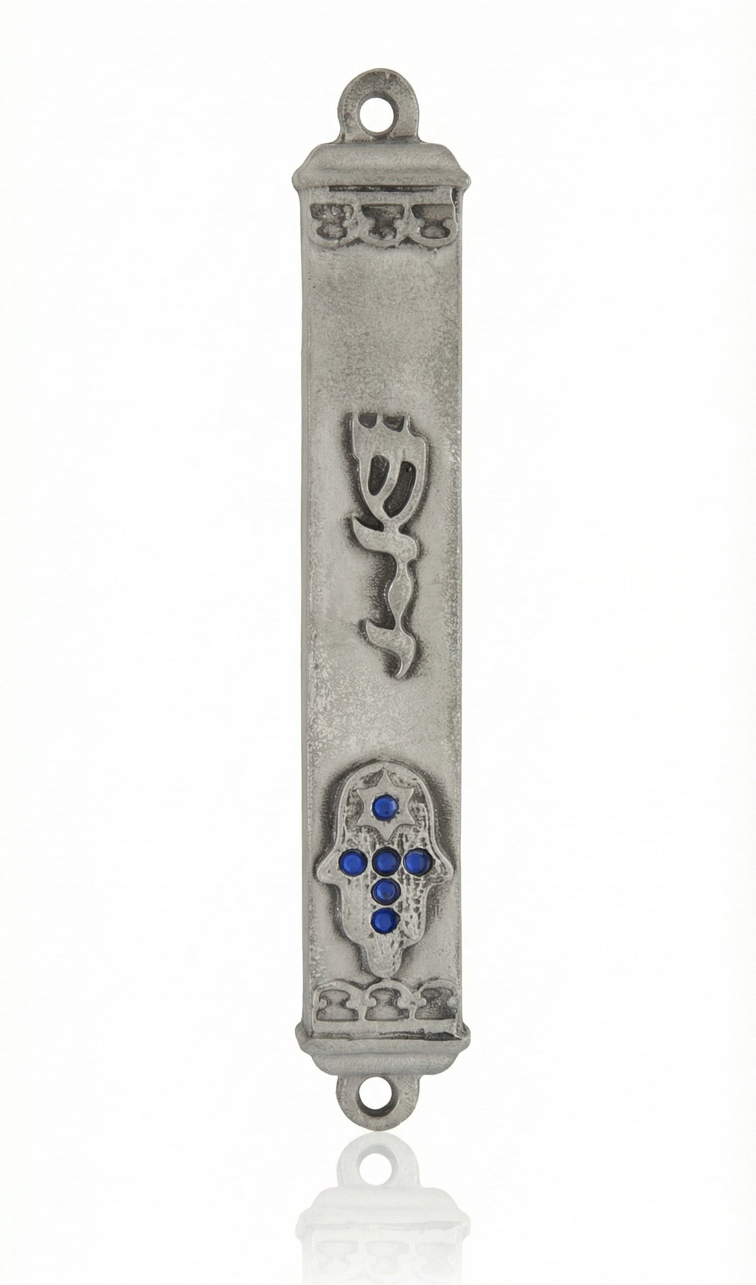 Bright blue accent stones adorn a Hamsa shape pewter Mezuzah, set on a clean white background with subtle reflection, highlighting intricate design details.