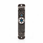 Hamsa Shield blue pewter car mezuzah on a white background with a blue-accented hamsa, white Star of David medallion, and antique borders