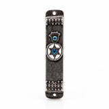 Hamsa Shield blue pewter car mezuzah on a white background with a blue-accented hamsa, white Star of David medallion, and antique borders
