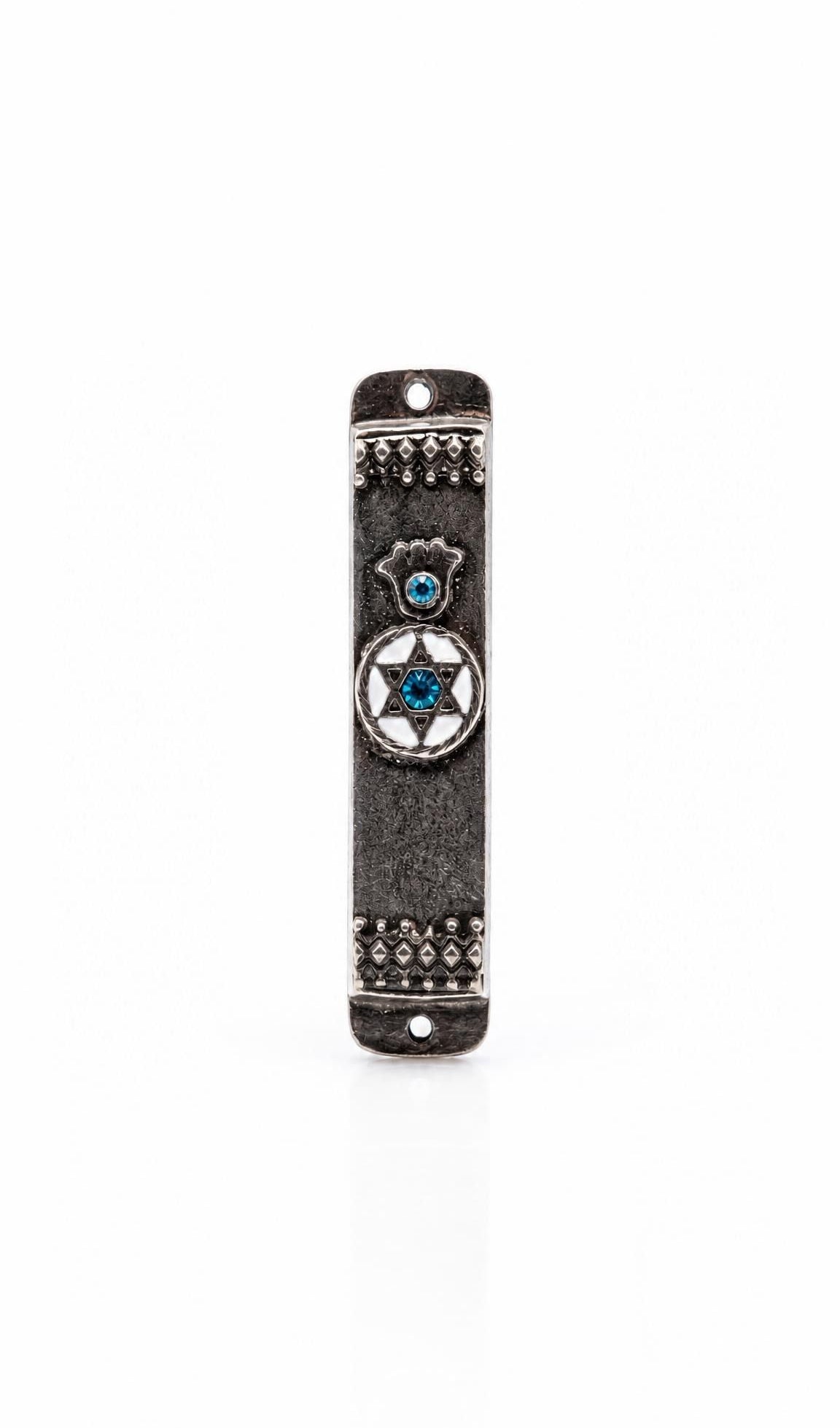 Hamsa Shield blue pewter car mezuzah on a white background with a blue-accented hamsa, white Star of David medallion, and antique borders