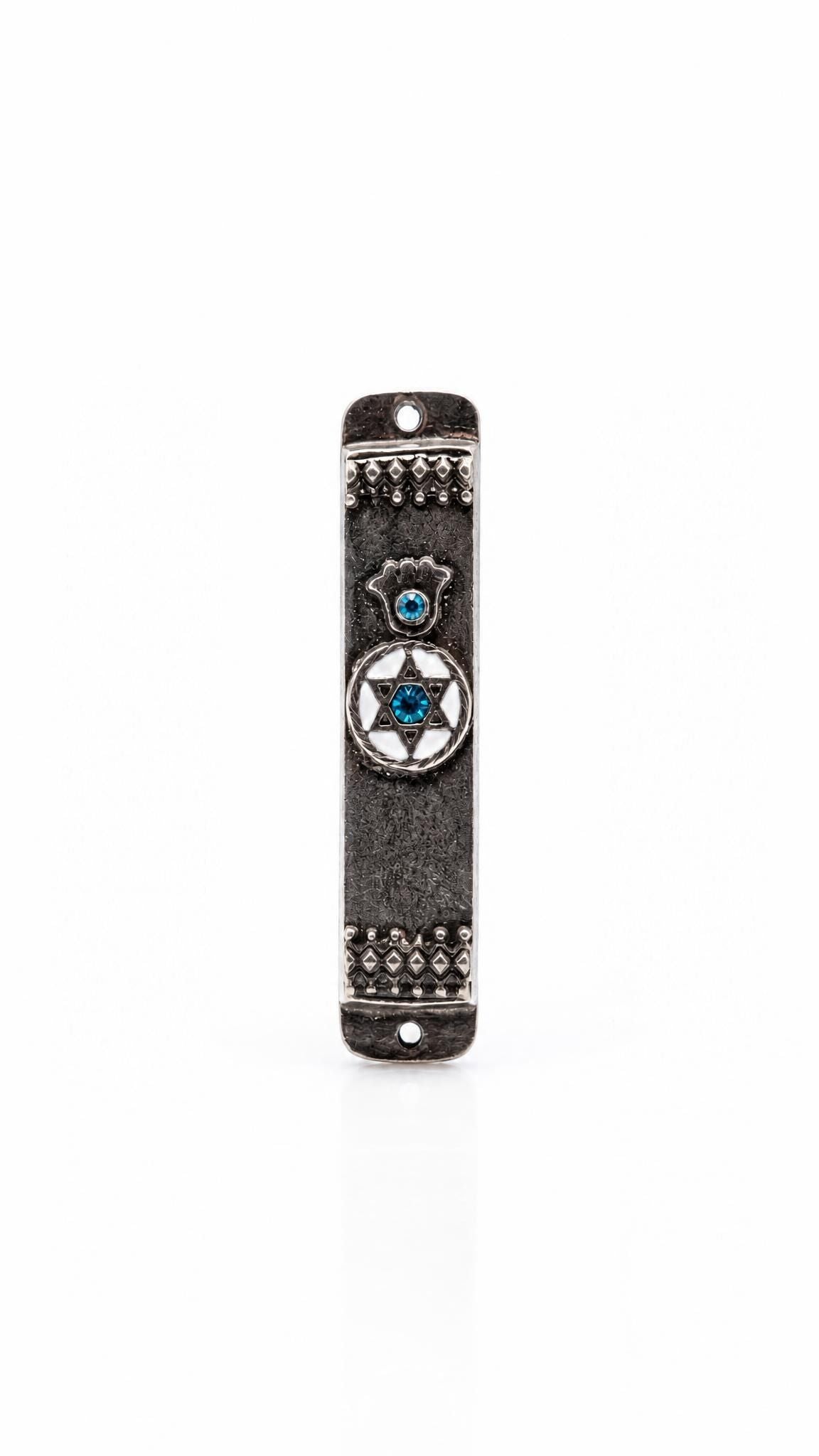 Hamsa Shield blue pewter car mezuzah on a white background with a blue-accented hamsa, white Star of David medallion, and antique borders