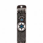 Hamsa Shield blue pewter car mezuzah with a blue-accented hamsa, white Star of David medallion, and antique borders for travel
