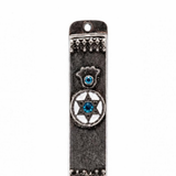 Hamsa Shield blue pewter car mezuzah with a blue-accented hamsa, white Star of David medallion, and antique borders for travel