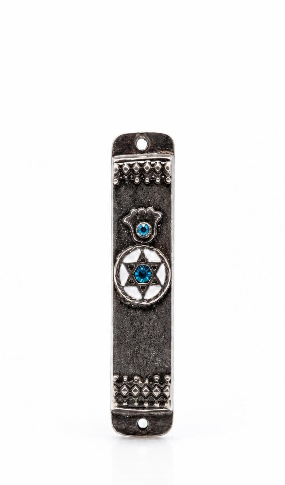 Hamsa Shield blue pewter car mezuzah with a blue-accented hamsa, white Star of David medallion, and antique borders for travel