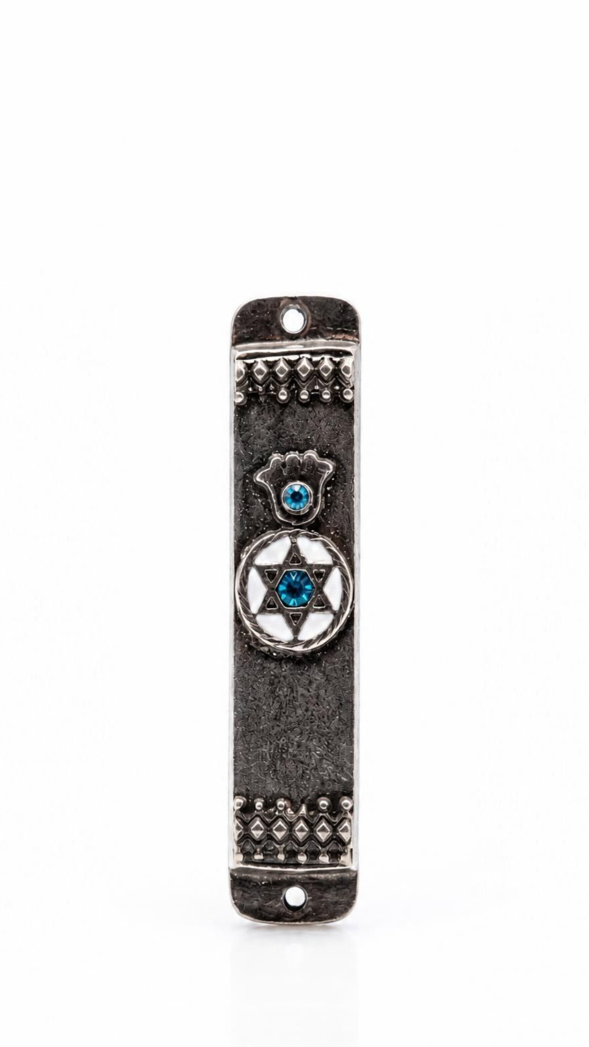 Hamsa Shield blue pewter car mezuzah with a blue-accented hamsa, white Star of David medallion, and antique borders for travel