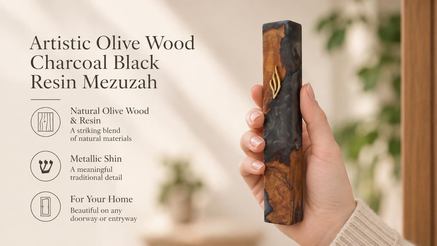 Person holding a handcrafted olive wood and black resin mezuzah featuring a gold Shin letter in a warm, naturally lit setting.