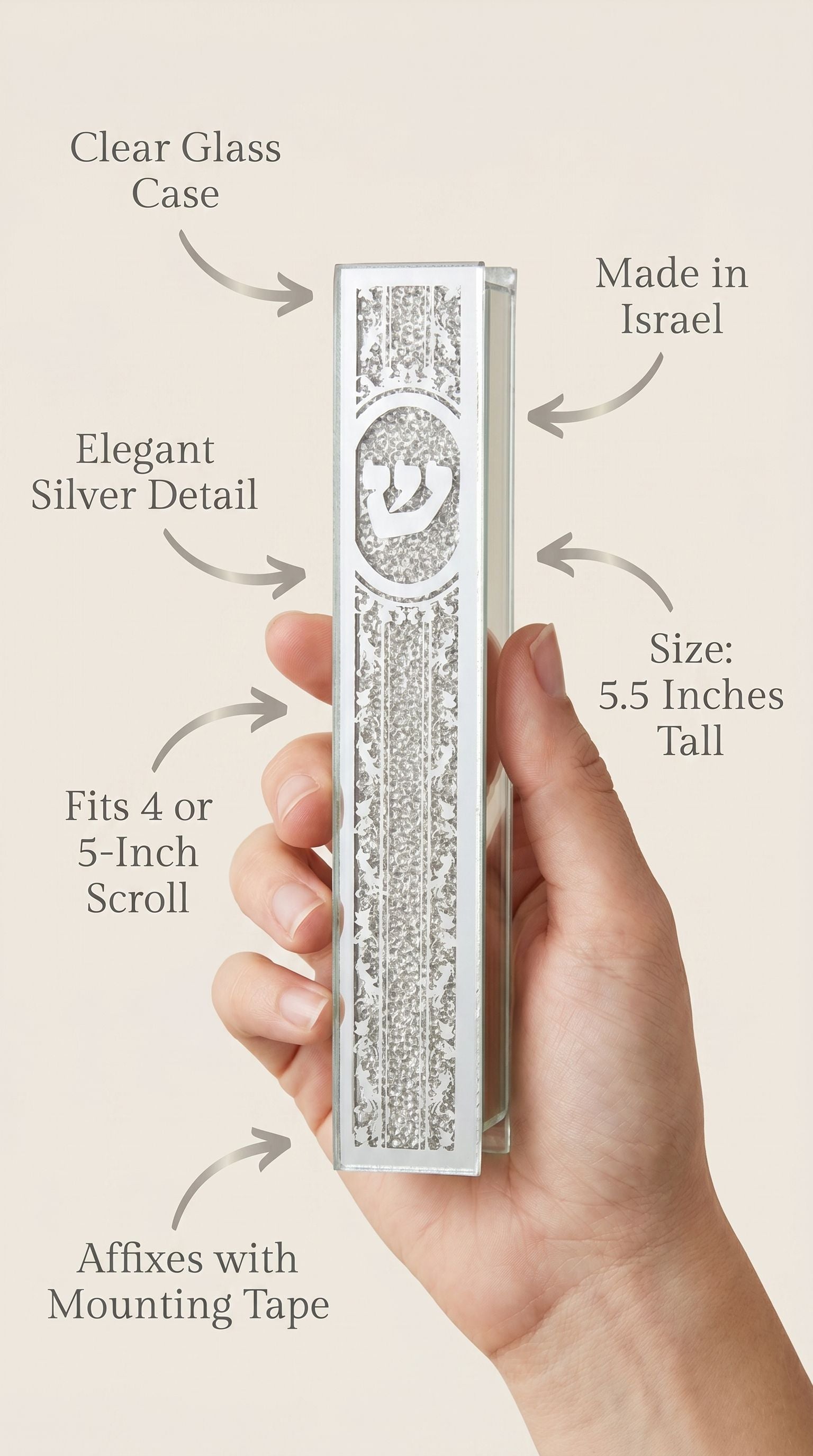 Person holding the Silver Script Glass Mezuzah, emphasizing its design, materials, and mounting details with a minimalist layout.
