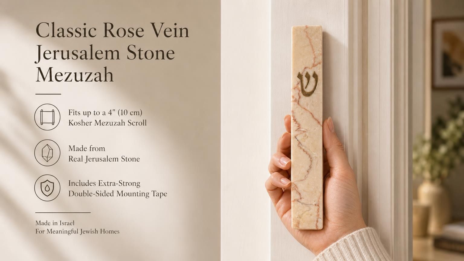 Classic Rose Vein Jerusalem Stone mezuzah case made in Israel, featuring natural cream stone with warm rose-colored veining