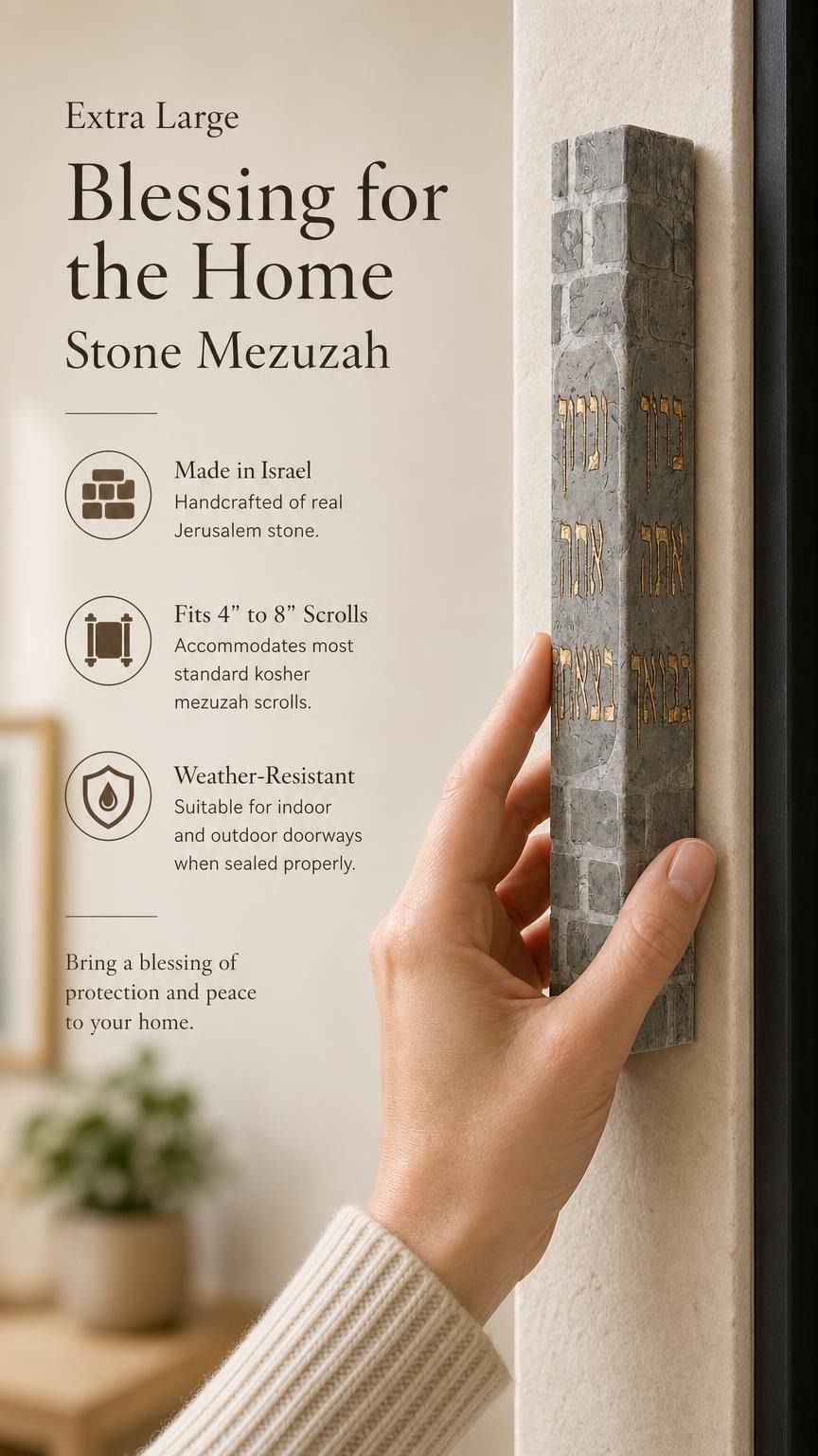 Person holding the handmade Jerusalem stone mezuzah, showing its size, material, and engraved blessing.