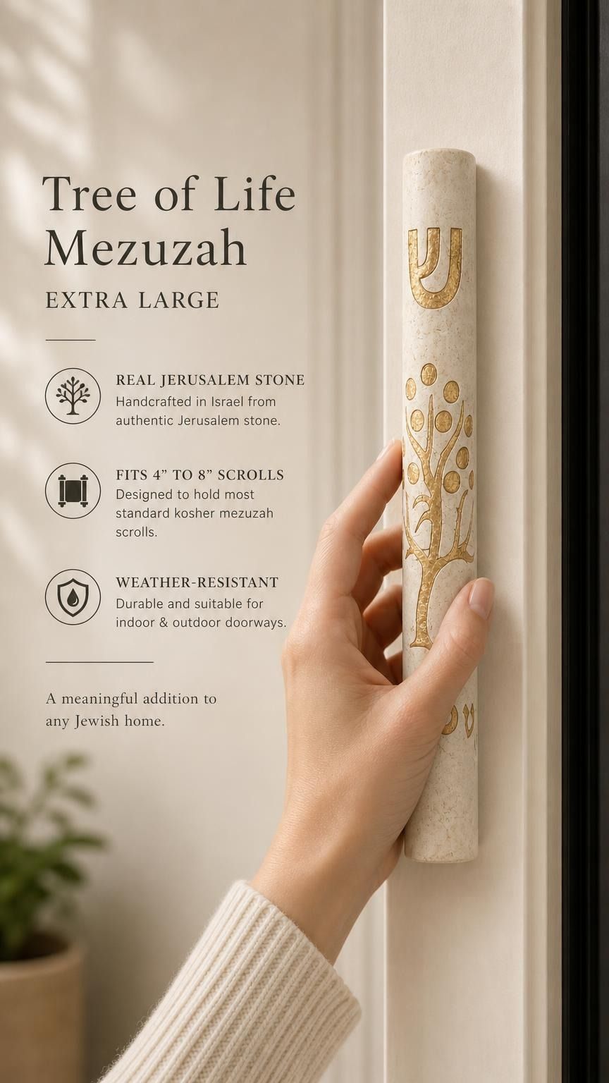 Hand holding the Etz Chaim cream Jerusalem stone mezuzah, showing scale and stone color.