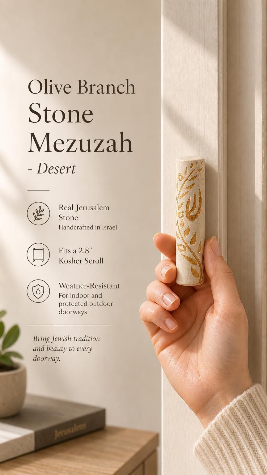 Person holding authentic Jerusalem stone mezuzah with gold olive branch in a natural pose for premium product presentation