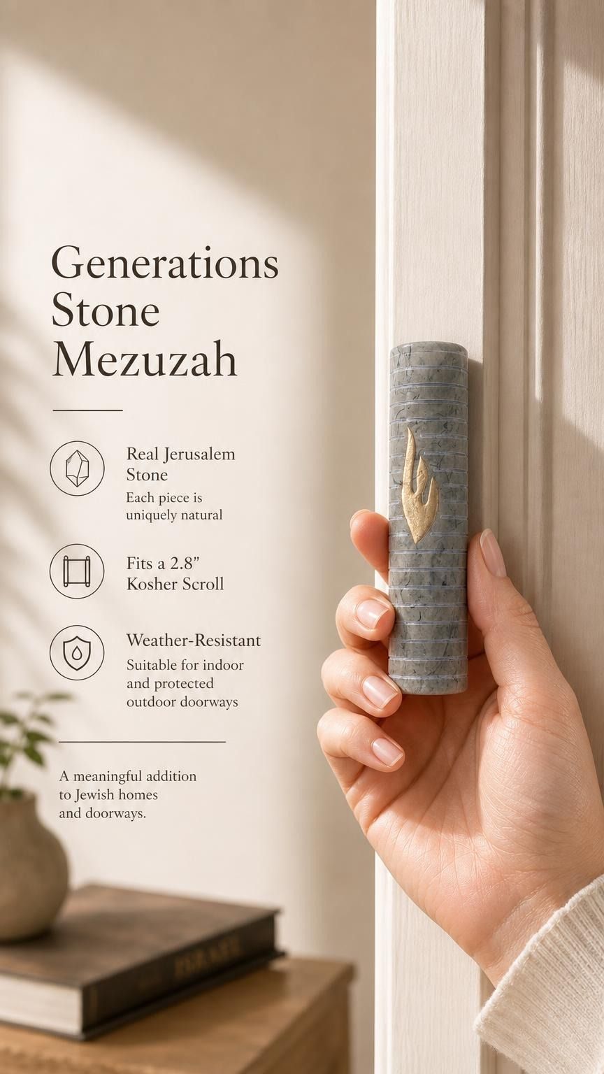 Person naturally holding the exact Jerusalem stone Mezuzah, displaying its shape, texture, and natural color variations, suitable for premium presentation.