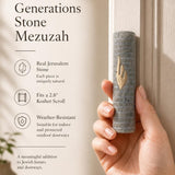 Person naturally holding the exact Jerusalem stone Mezuzah, displaying its shape, texture, and natural color variations, suitable for premium presentation.