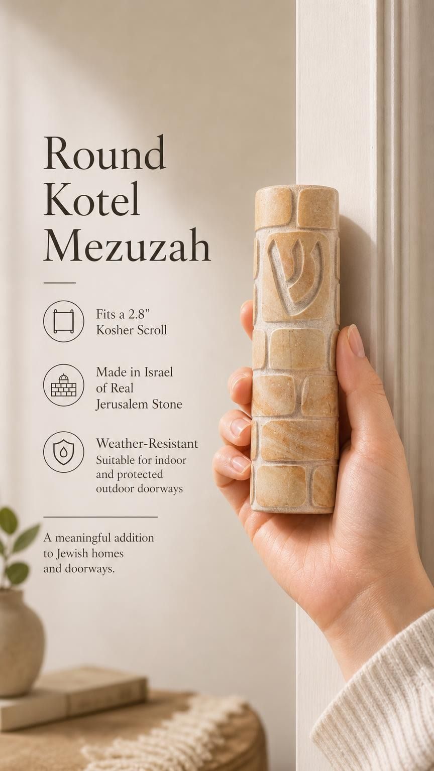 Person holding a Jerusalem stone mezuzah with detailed texture and engraving, showcasing its authenticity in a refined retail environment.