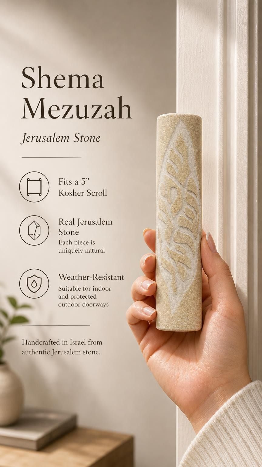 Person holding a Jerusalem stone Mezuzah in natural light, highlighting its texture and craftsmanship in a premium store setting.