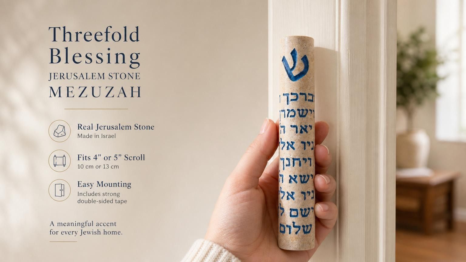 Person holding the Jerusalem stone mezuzah with Priestly Blessing in blue Hebrew lettering, natural soft light, editorial style.