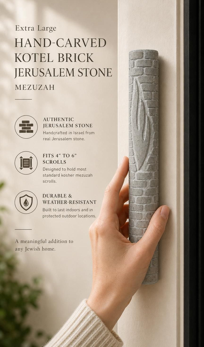 Person holding an extra large Jerusalem stone mezuzah, showcasing its brick-style relief and carved Shin, in a natural setting.