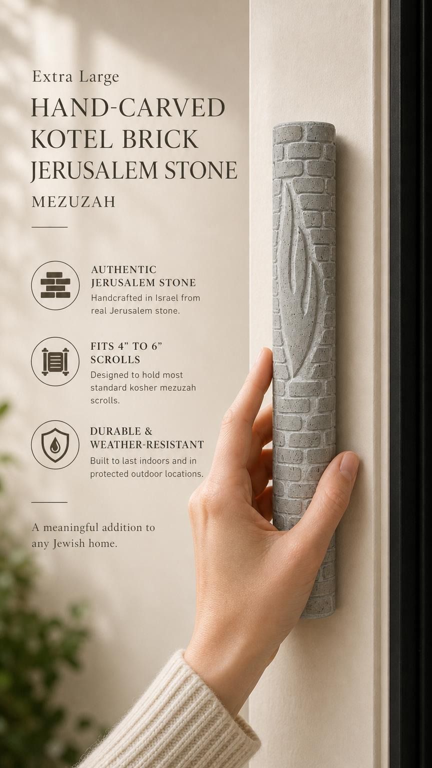 Person holding an extra large Jerusalem stone mezuzah, showcasing its brick-style relief and carved Shin, in a natural setting.