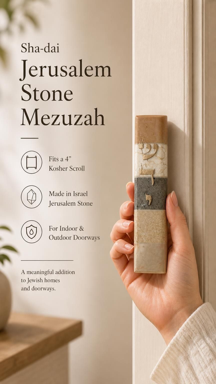 Woman's hand holding the Jerusalem Stone Mezuzah at natural scale, highlighting its texture, Hebrew lettering, and warm stone tones in a refined setting.