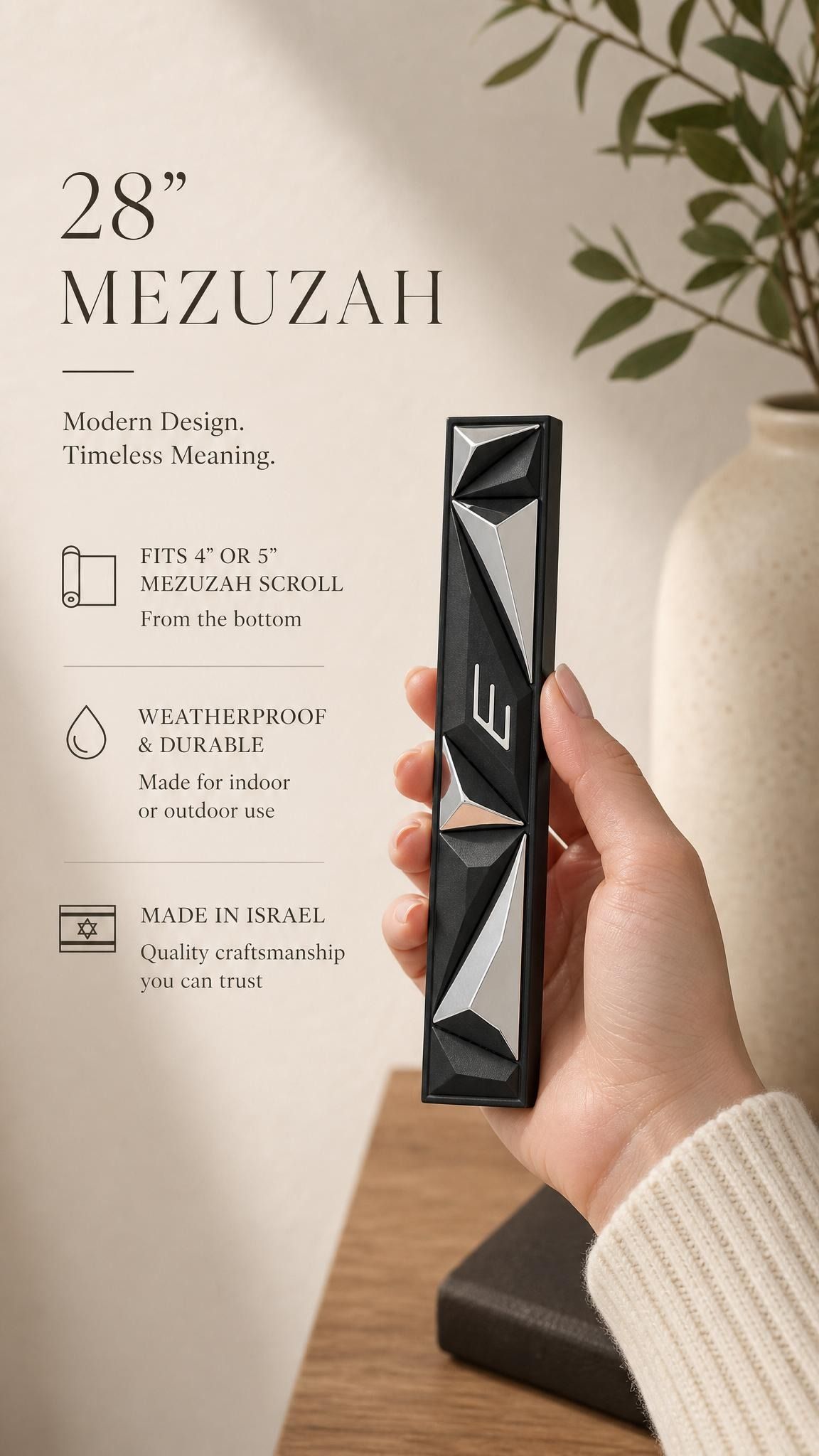 Close-up of person holding the authentic mezuzah with editorial styling, showcasing details and material in a vertical 9:16 format.