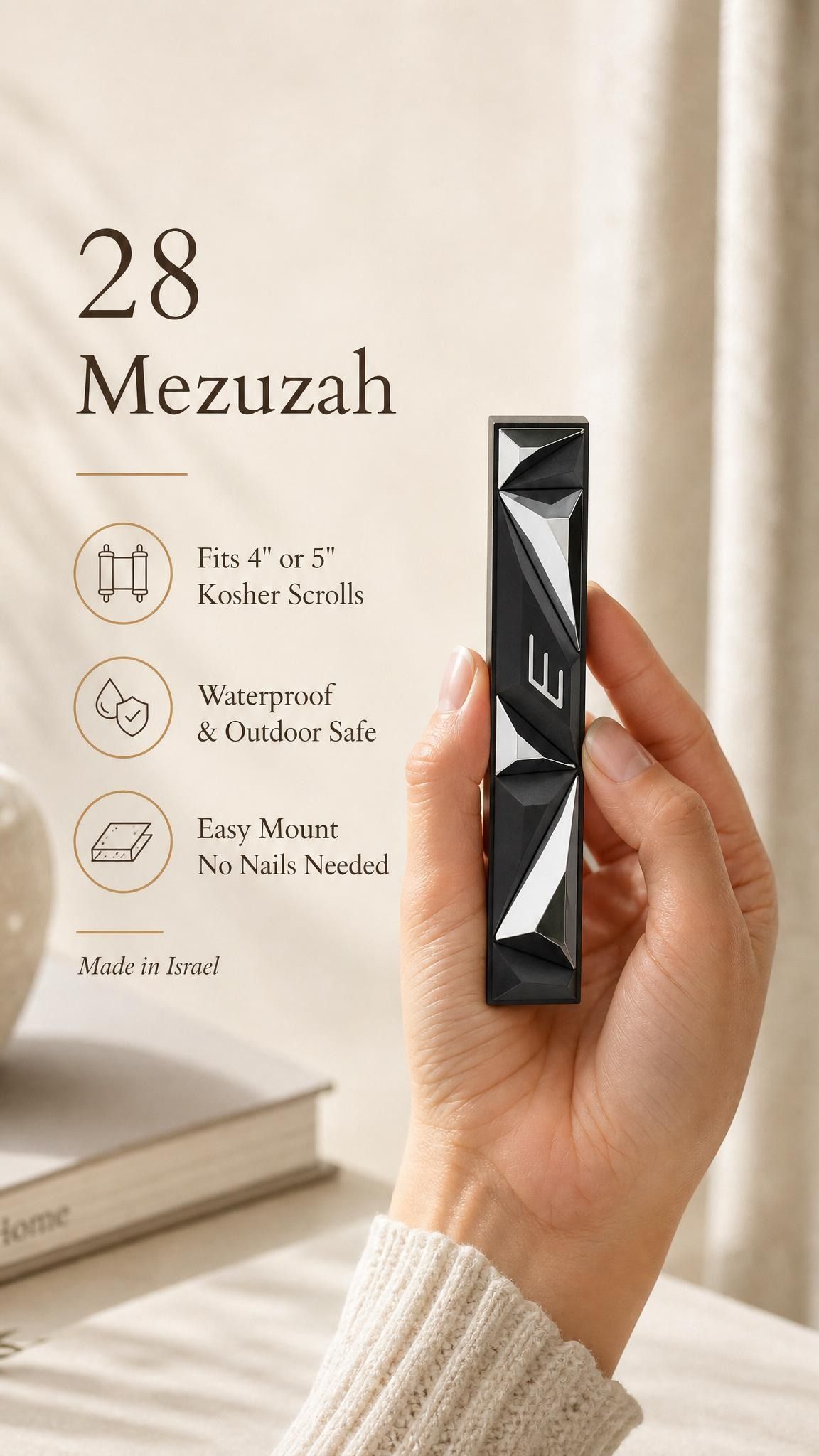 Person holding the precise mezuzah at realistic scale with balanced editorial text, demonstrating size and detail in a 9:16 layout.