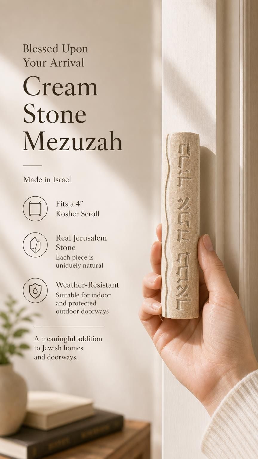 Person holding a Jerusalem stone mezuzah featuring Hebrew inscription, emphasizing the product's texture and design for a store presentation.