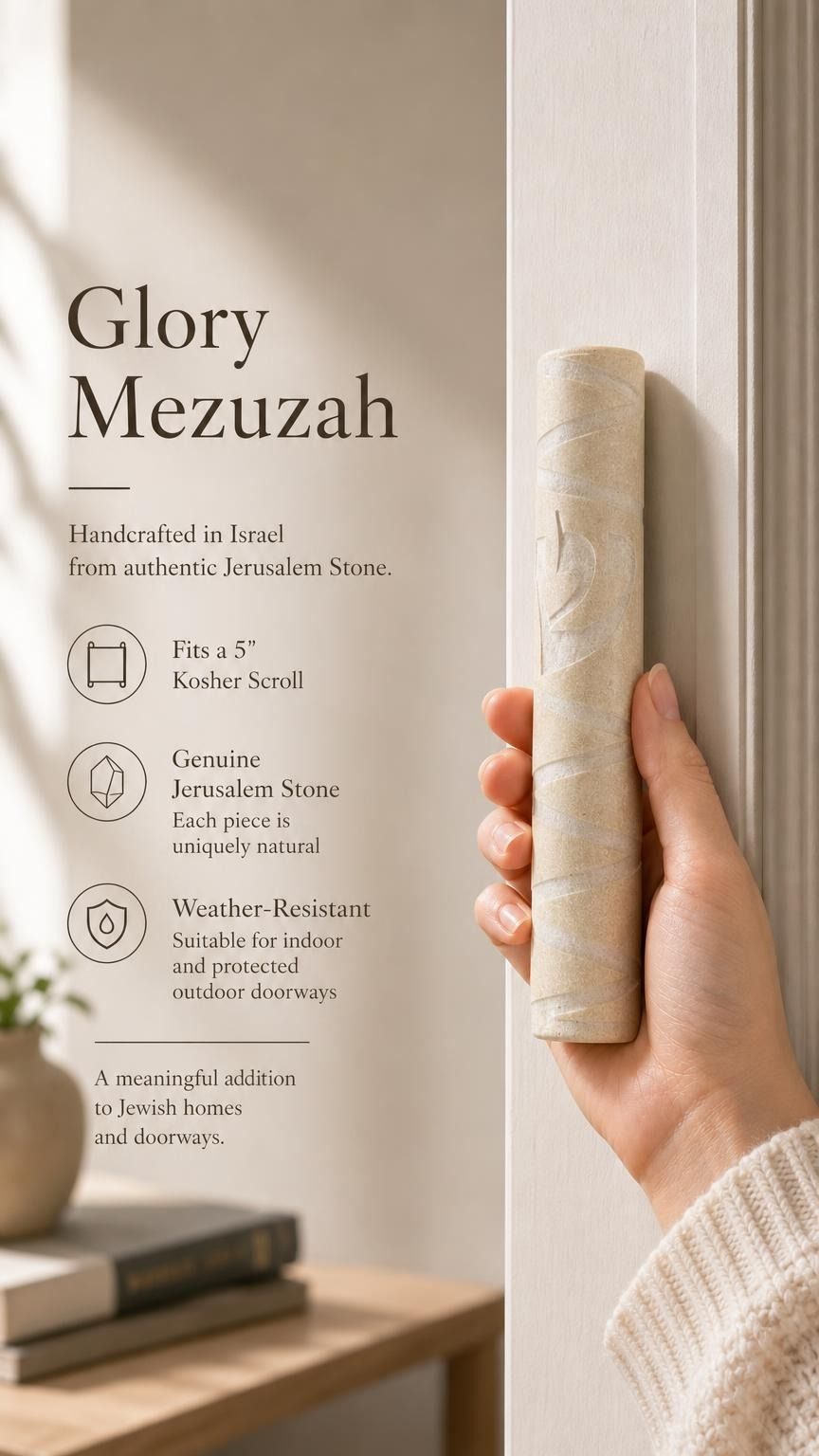 Person holding an authentic Jerusalem stone mezuzah, showing its natural texture and shape, in a warm, natural lighting setting highlighting the product's craftsmanship.