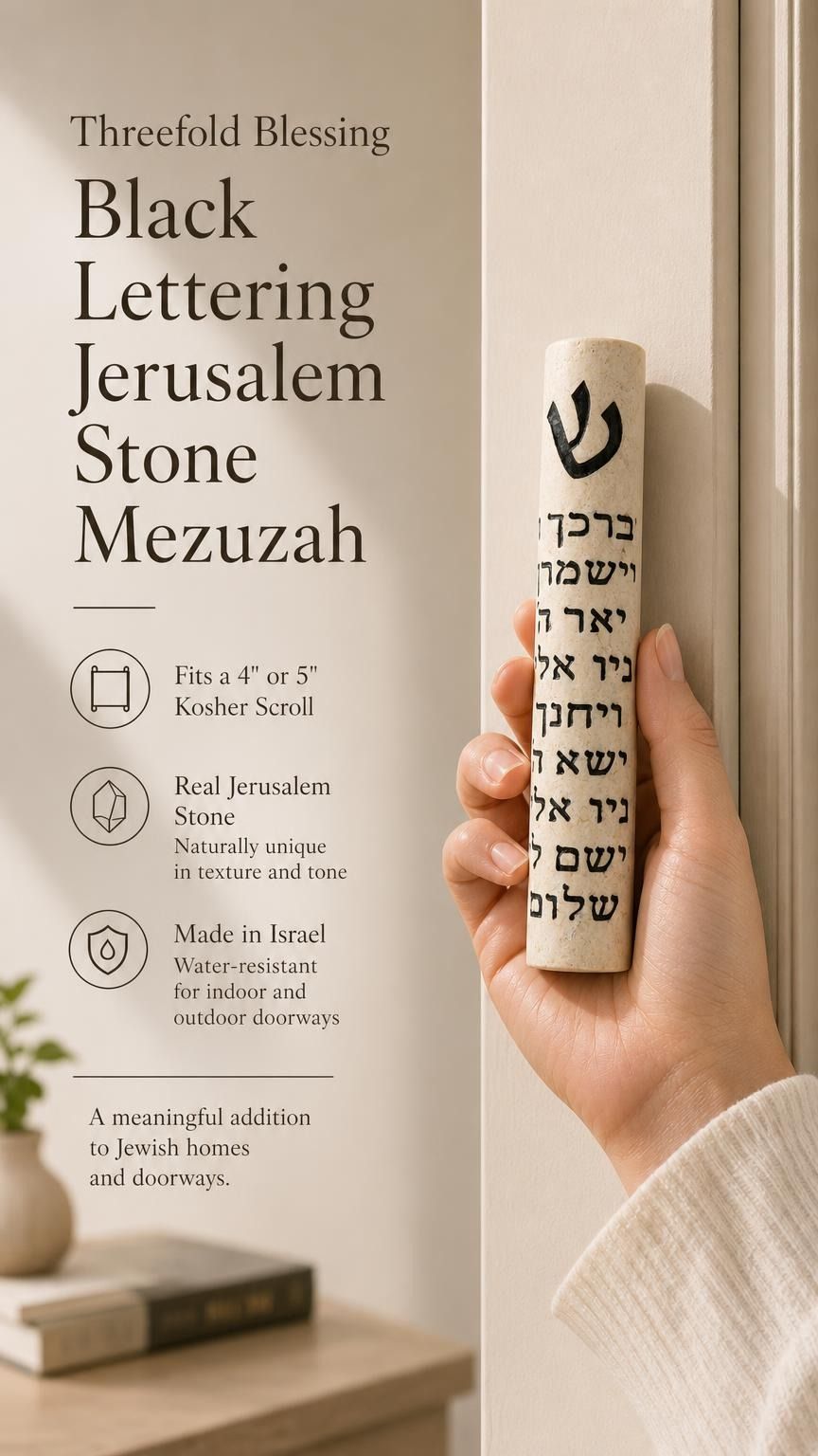 Close-up of person holding Jerusalem Stone Mezuzah, showing detailed black Hebrew lettering and cylindrical shape, on a natural background.
