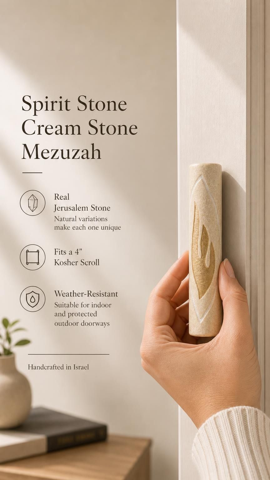 Person holding Jerusalem stone mezuzah showing texture, material, and size for product display.