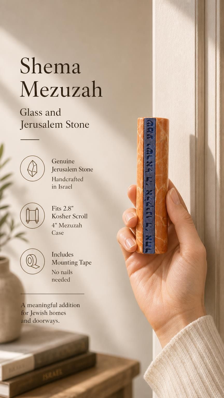 Close-up of a person's hand holding the Jerusalem stone and glass mezuzah, emphasizing its size, material, and craftsmanship for store promotion.