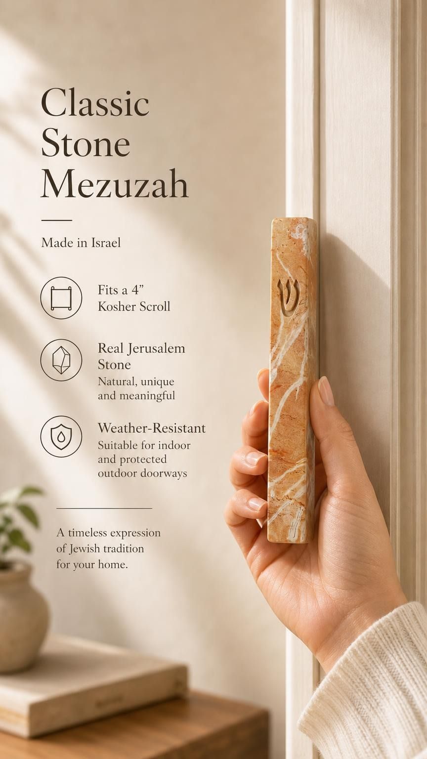 Person holding the exact Jerusalem stone mezuzah at realistic scale, demonstrating size and material for a premium Mezuzah Store display.