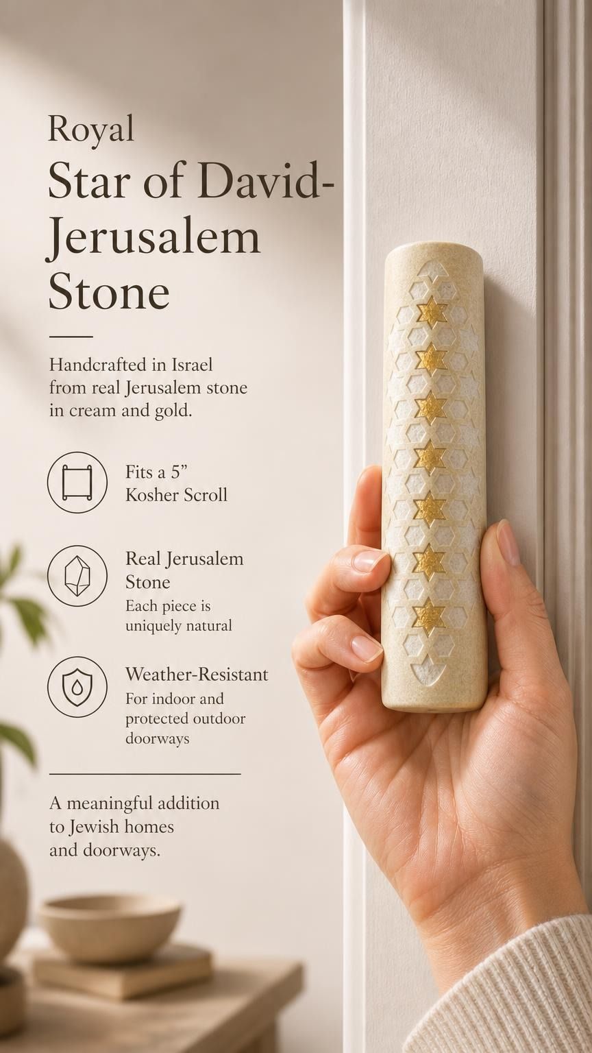 Person holding a handcrafted Jerusalem stone mezuzah, highlighting its authentic texture, size, and material in a premium store presentation.