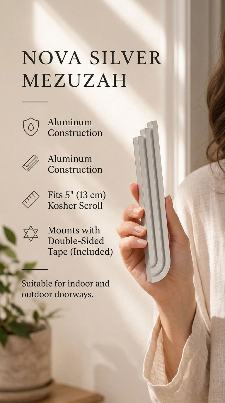 Person holding the exact silver mezuzah with natural lighting and generous negative space around.
