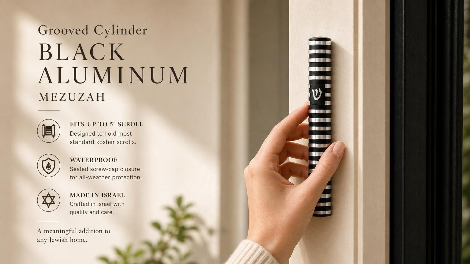 Person holding a black aluminum mezuzah with silver rings and Hebrew Shin, designed for contemporary interiors and dark hardware.