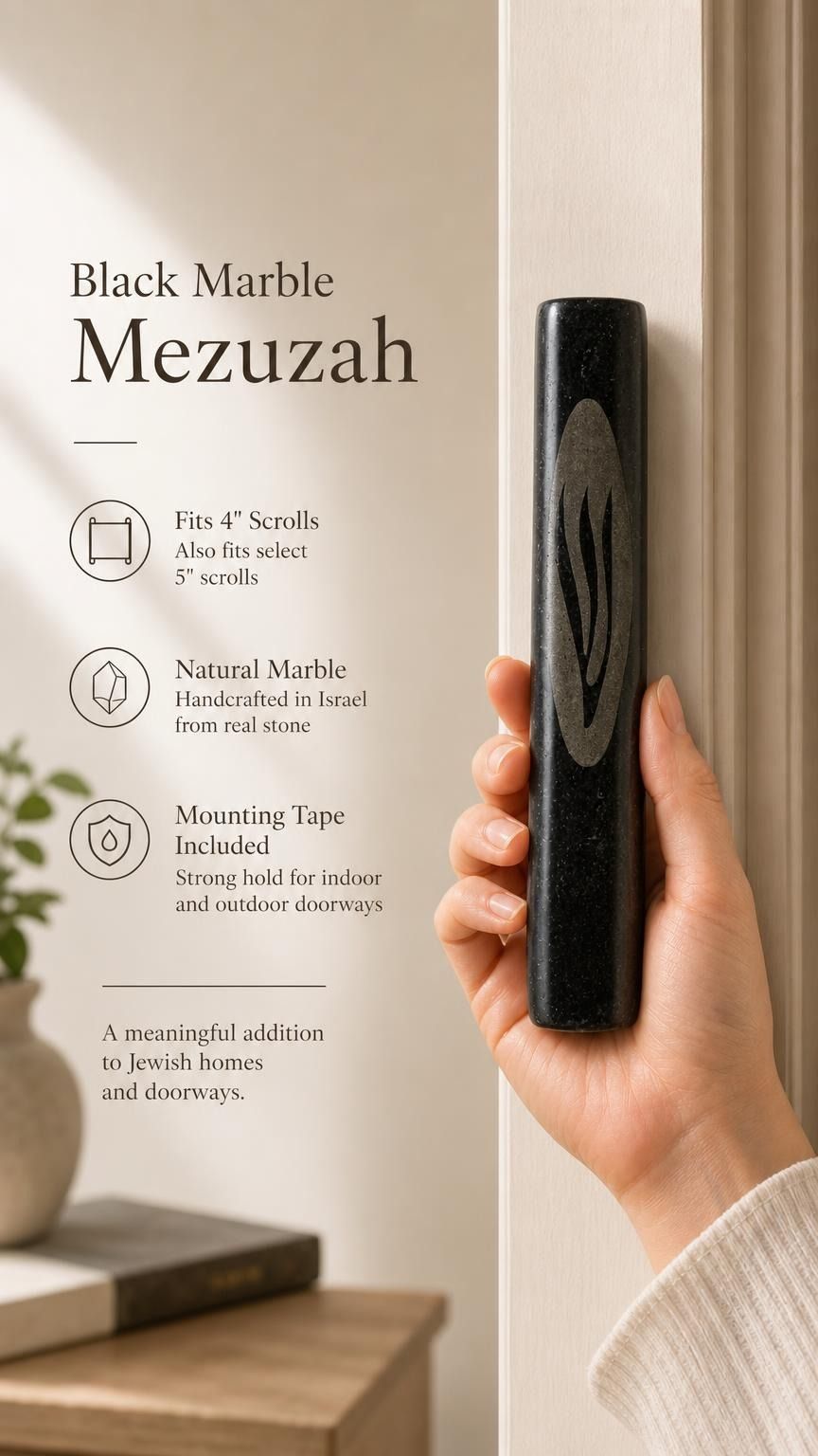 Person naturally holding the black marble mezuzah showing its size, texture, and craftsmanship for a premium product display.