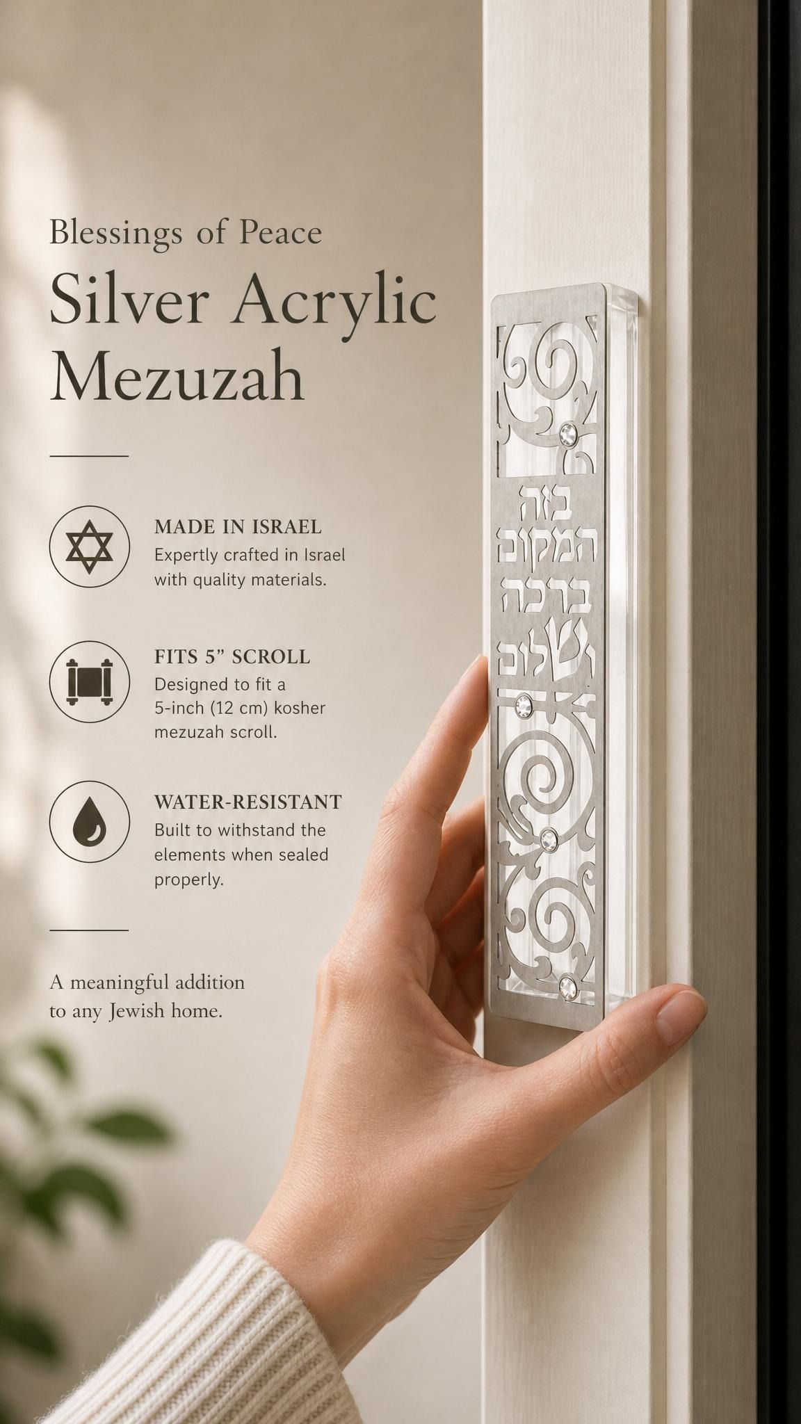 Person naturally holding the Blessings of Peace Silver Acrylic Mezuzah with warm lighting and elegant composition, emphasizing product details.