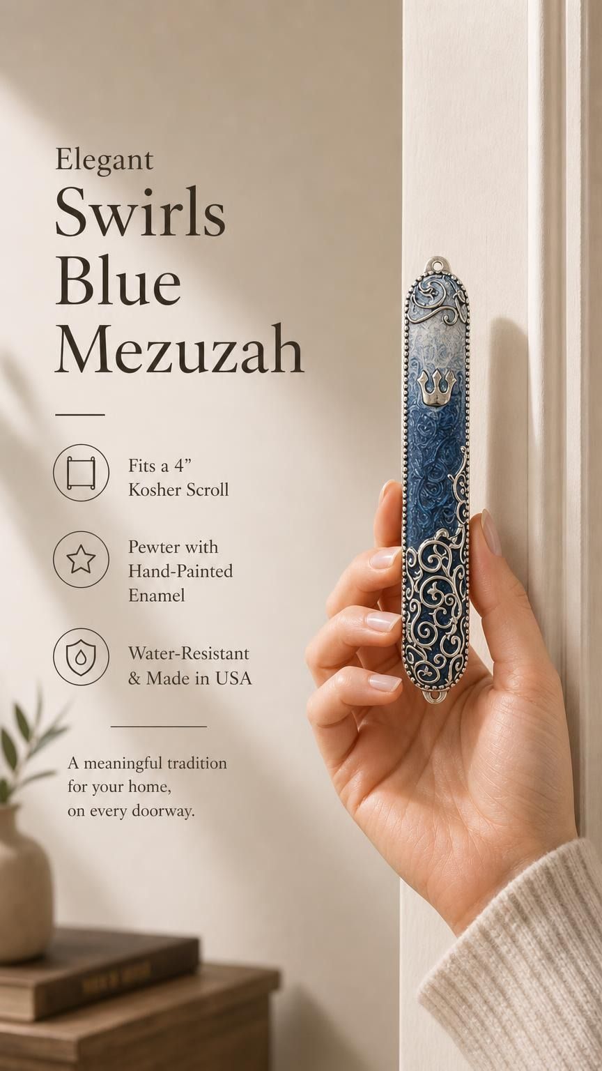 Female hand presenting the Elegant Swirls Blue Mezuzah in a premium store display setting.
