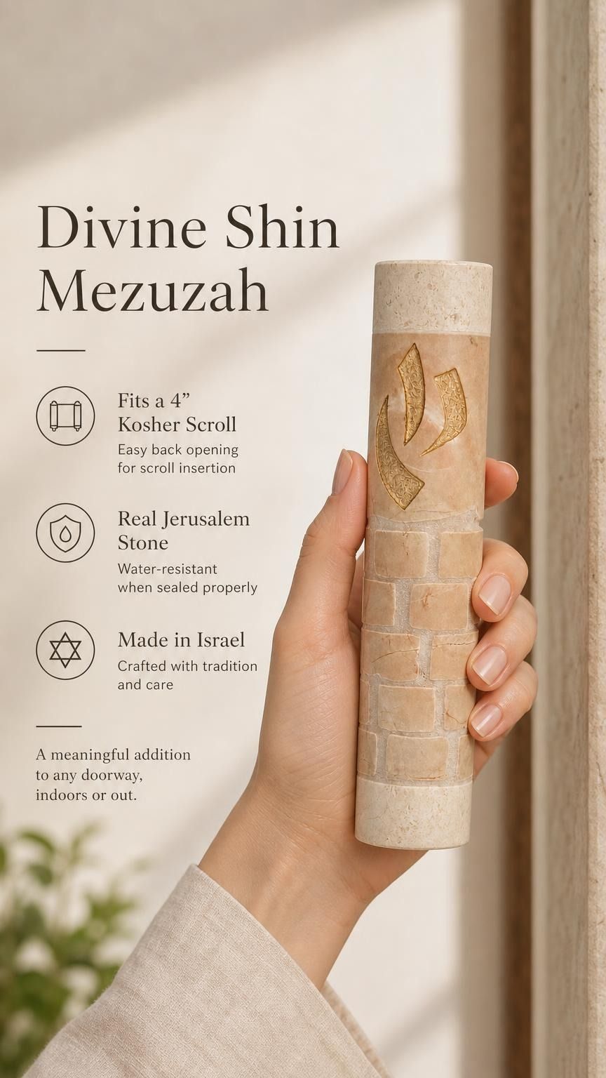 Hand holding the 5-inch Divine Shin cream Jerusalem stone mezuzah, showing the gold shin detail.