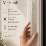 Hand holding the 5.5-inch clear acrylic mezuzah with silver Shema lettering.