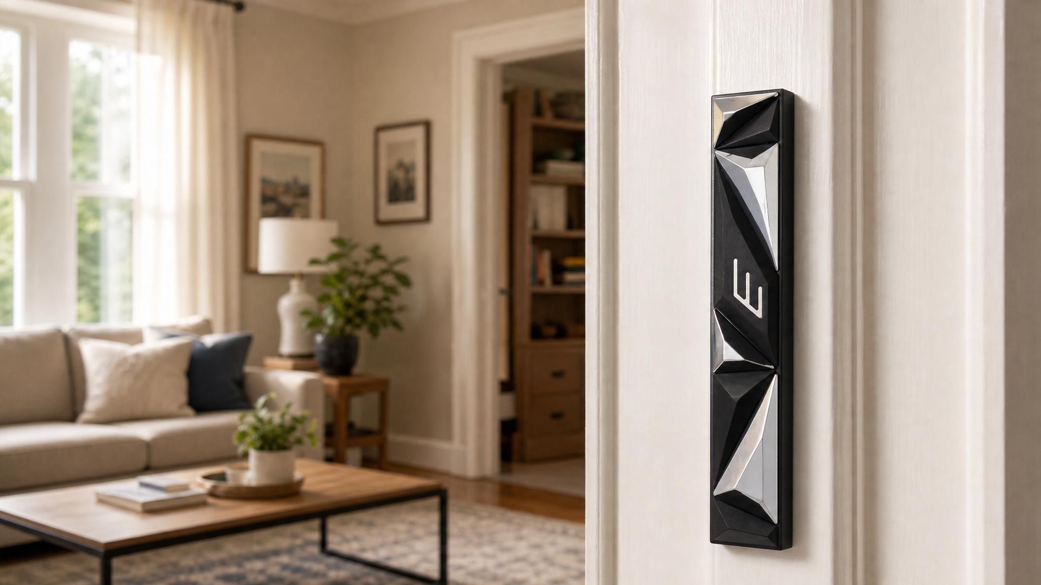 Person holding the Cyber Prism black geometric mezuzah with a natural indoor setting and soft lighting for e-commerce.