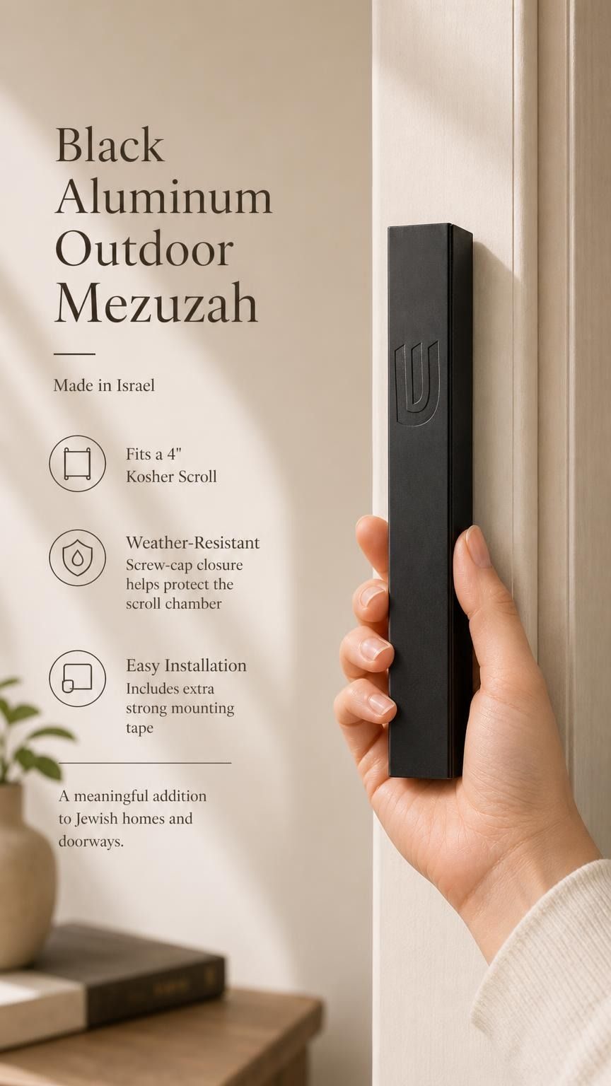 Person holding a precise, scaled black aluminum mezuzah, showcasing its design, material, and mounting details for a premium product feature.