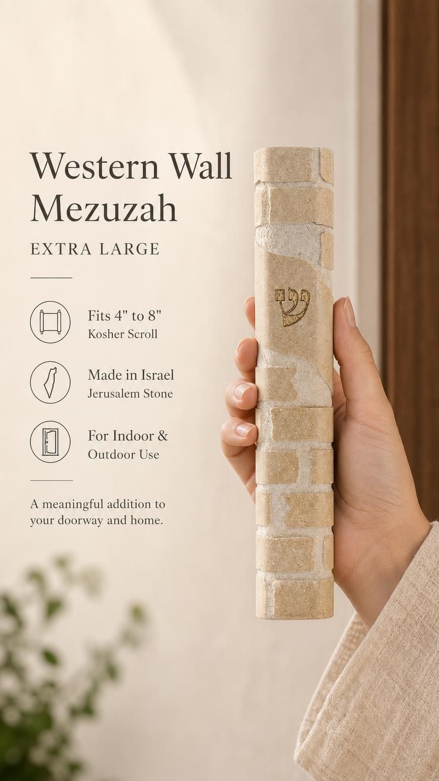Hand holding the Kotel extra large cream stone mezuzah, showing the carved stone courses and texture.