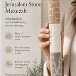 Person holding an extra large natural Jerusalem stone mezuzah case featuring a layered relief design.