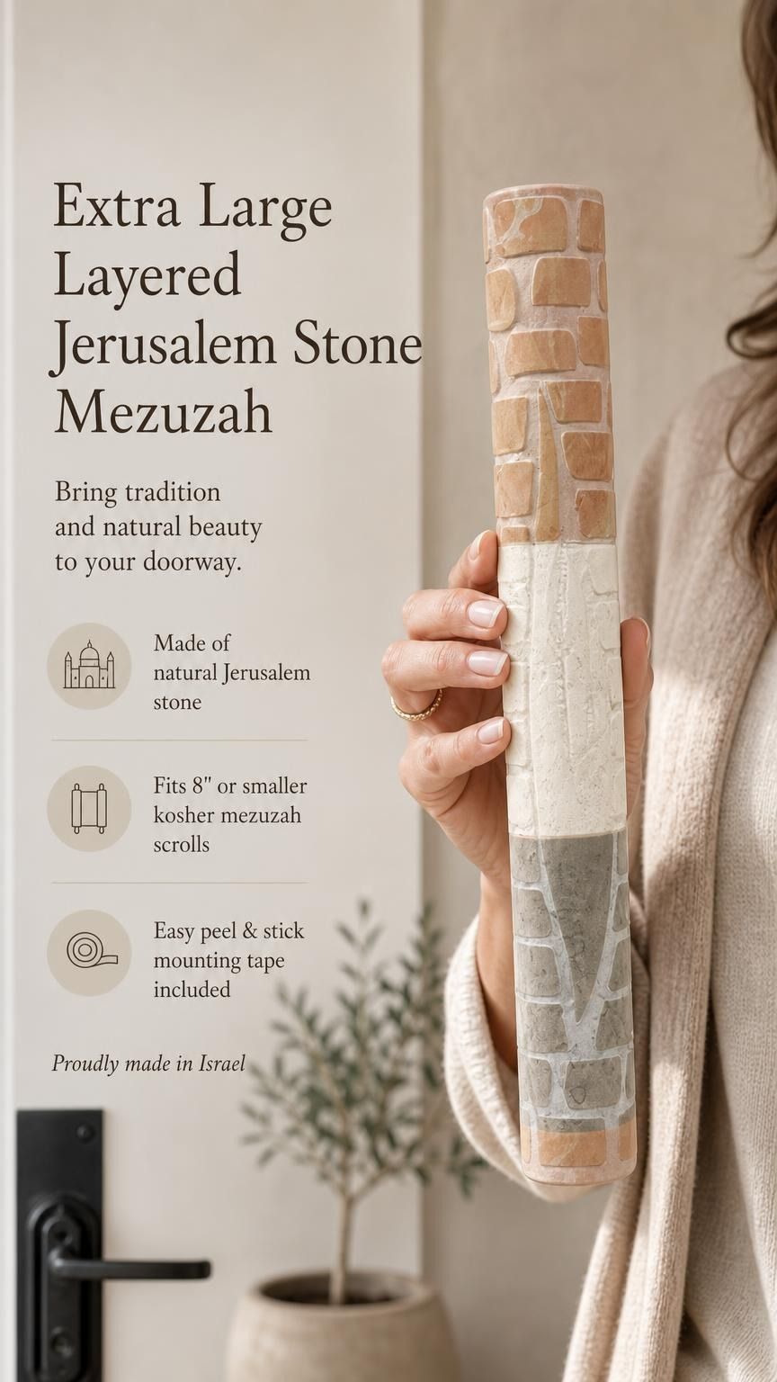 Person holding an extra large natural Jerusalem stone mezuzah case featuring a layered relief design.