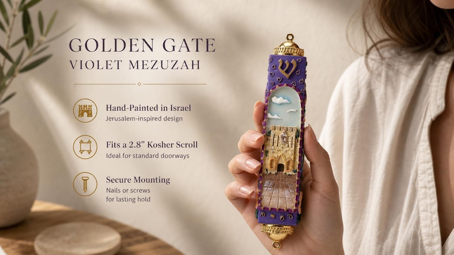 Person holding the Golden Gate Violet Mezuzah, showcasing its Jerusalem-inspired design and violet and gold tones, in a natural setting.