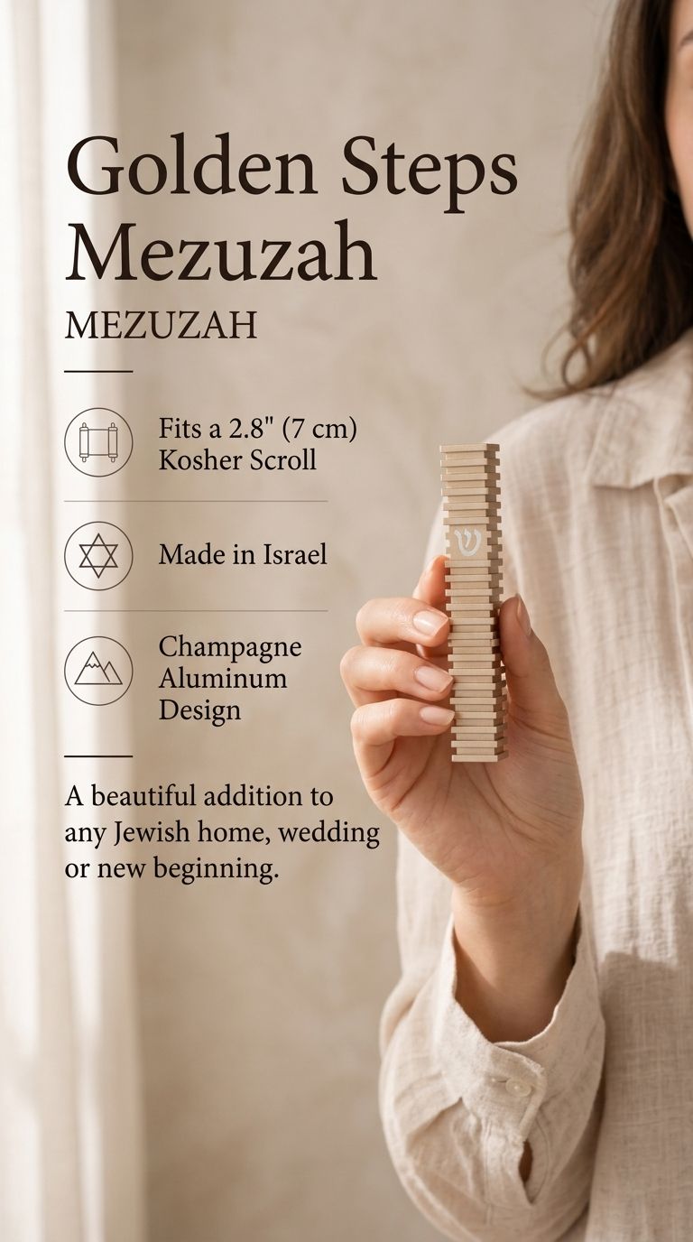 Modern Golden Steps mezuzah specification image highlighting the 4-inch Israeli aluminum body, 2.8-inch kosher scroll fit, waterproof use, and bottom opening