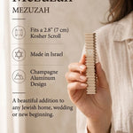 Modern Golden Steps mezuzah specification image highlighting the 4-inch Israeli aluminum body, 2.8-inch kosher scroll fit, waterproof use, and bottom opening