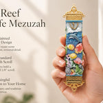 a colorful hand-painted coral reef themed mezuzah case with dimensional sea life details