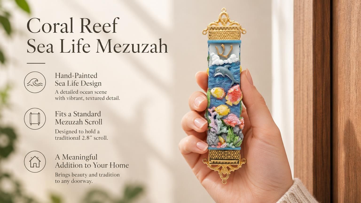 a colorful hand-painted coral reef themed mezuzah case with dimensional sea life details